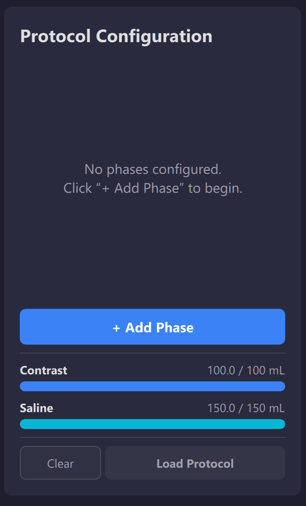 Protocol configuration UI showing contrast and saline phase setup.
